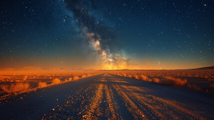 Long exposure of a deserted desert road at night with a car's headlights illuminating the path. Made with generative ai

