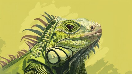 Close up of beautiful looking green iguana is relaxing in the nature