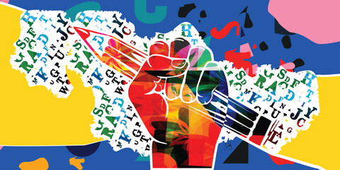 Colorful hand holding pencil for creative writing, idea and inspiration, education and learning concept. Blogging and copywriting vector illustration