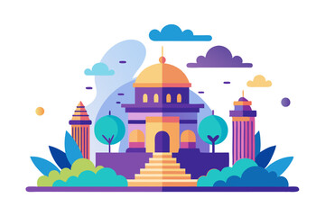 Colorful Illustration of a Cityscape with a Mosque and Other Buildings