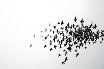 A flock of birds soaring against a light background, creating a dynamic silhouette effect.