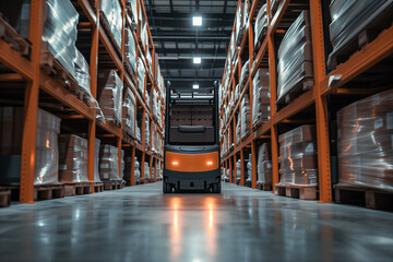 Automated Guided Vehicle in Modern Warehouse. Generative AI image