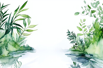 watercolor illustration of a peaceful nature scene, with flowing water and lush greenery, symbolizing wellbeing