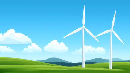 Fototapeta premium Wind turbines, green energy sources in rural areas, flat design illustration