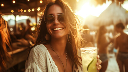Smiling woman enjoying a beach party at sunset. Generative AI image