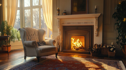 A cozy living room with a crackling fireplace and a comfy armchair