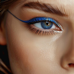 Obraz premium Close-up of striking blue eyeliner on a woman's eye. Generative AI image