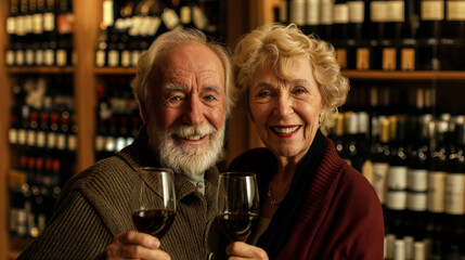 Elderly couple enjoying wine in a cozy cellar. Generative AI image