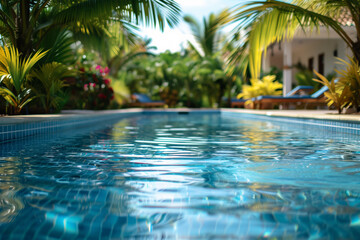 Tranquil tropical poolside setting for relaxation. Generative AI image
