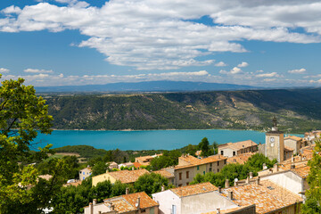 Typical Provencal town Aiguines with Lac de Sainte-Croix, Verdon Natural Park,...