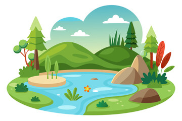Obraz premium Cartoon Illustration of a Serene River Winding Through a Lush Green Valley