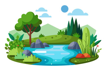 Obraz premium A Serene River Winding Through a Lush Green Landscape with Trees and Rocks