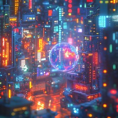 Fototapeta premium Captivating Cityscape with Glowing Holographic Orb in Tilt-Shift Miniature Effect