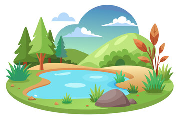 Obraz premium Cartoon Landscape with a Pond, Trees, and Hills