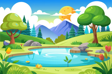Obraz premium Serene Mountain Lake with Lush Greenery and a Sunlit Sky