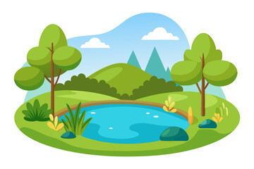 Lush Green Landscape with a Pond and Mountains in the Background