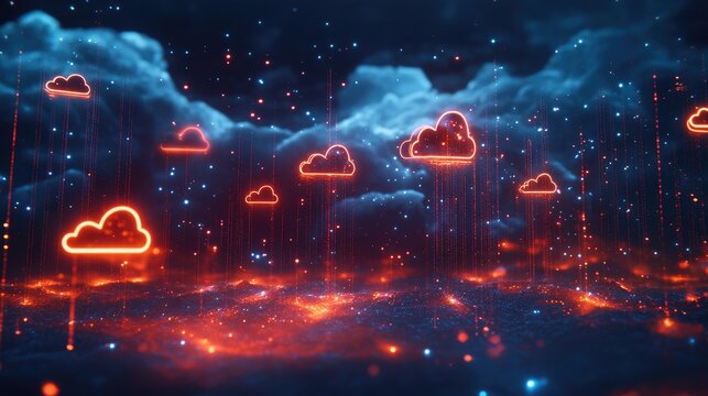 Abstract digital cloud computing concept with glowing neon clouds and glowing lines of data.