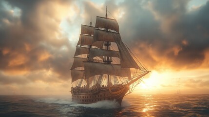 Majestic tall ship sailing into the sunset on a calm ocean, capturing the essence of maritime exploration and historical seafaring adventures