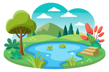 Obraz premium A Serene Landscape with a Winding Pond and Lush Greenery