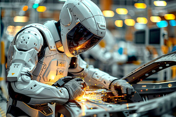 Futuristic robot engaged in welding activity in an industrial setup. Generative AI image