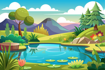 Idyllic Forest Pond with Lush Greenery and Blue Sky