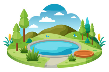 Fototapeta premium Cartoon Landscape with Pond, Trees, and Hills