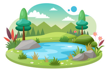 Obraz premium Cartoon Landscape with a Pond, Trees, and Flowers
