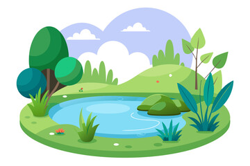 Cartoon Illustration of a Pond with Surrounding Trees and Grass