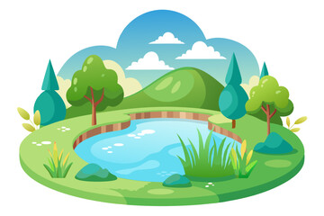 Obraz premium A Serene Pond Surrounded by Trees, Hills, and a Blue Sky