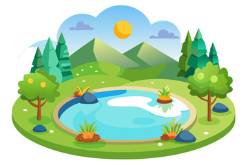 Obraz premium A Serene Pond Surrounded by Lush Greenery and Mountains under a Sunny Sky