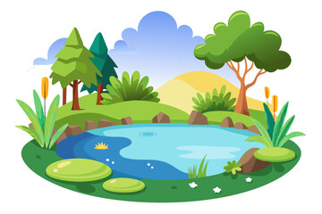Obraz premium Cartoon Illustration of a Serene Pond Surrounded by Lush Greenery and Trees