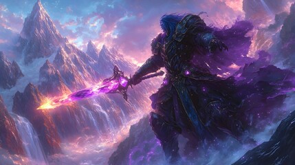 Heroic Paladin Wielding Amethyst Greatsword in Majestic Mountain Landscape