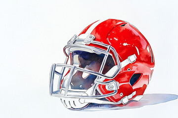 watercolor illustration of an American football helmet, detailed with team colors and insignia, against a clean white background