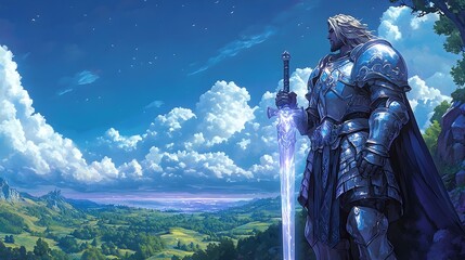 Naklejka premium Radiant Paladin Wielding Luminescent Crystal Greatsword in Sprawling Fantasy Realm