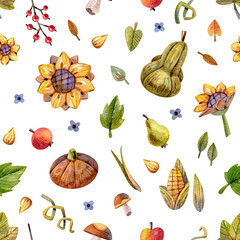 Autumn seamless pattern Happy Thanksgiving day. Harvest time with pumpkins, sunflowers, corns and berries. Best hand-drawn illustration for packing paper, cover and textiles.