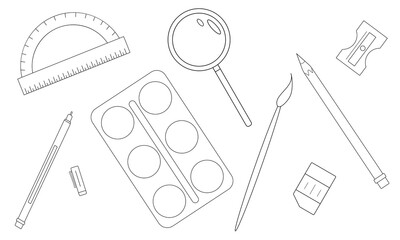 Outline school stationery. Back to school vector illustration for printing and coloring
