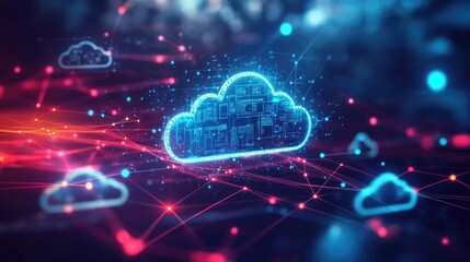 Obraz premium Blue cloud computing symbol with glowing lines and dots in a dark background.