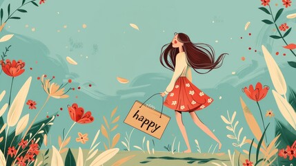 A happy girl walks with a bag with the word "happy" on it. Flowers grow around her