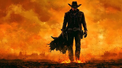 Fototapeta premium Weathered Cowboy Silhouette Against Apocalyptic Hellfire Sky in Vintage Americana Film Noir Style