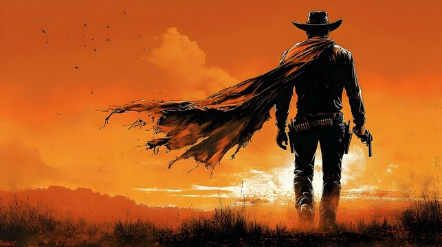 Weathered Cowboy Backlit Against Ominous Orange Sky,Tattered Serape Whipping in the Wind