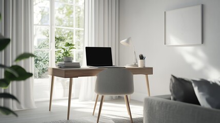 Fototapeta premium Modern home office with laptop on desk. Minimalist interior design. Productive workspace with efficient desk setup. Clean, stylish interior design with daylight and geometric furniture.