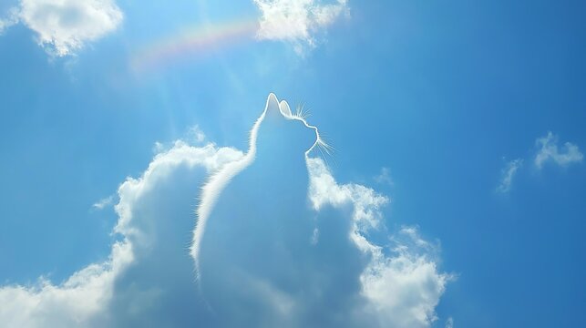 A cat-shaped cloud basking under a bright sky, celebrating Rainbow Bridge Remembrance Day with a vibrant rainbow