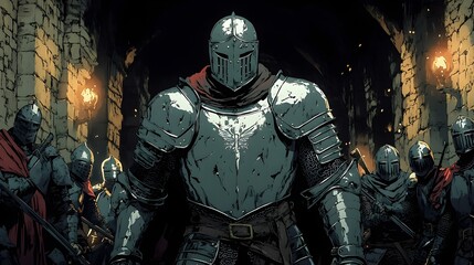 Fototapeta premium Stalwart Paladin Leading a Party of Valiant Knights Through a Foreboding Dungeon