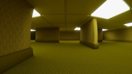 3d render liminal space backrooms wallpaper HD high resolution scene of a modern office corridor 