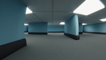3d render liminal space backrooms wallpaper HD high resolution scene of a modern office corridor 