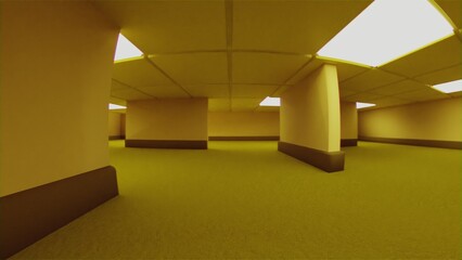 3d render liminal space backrooms wallpaper HD high resolution scene of a modern office corridor  © Dmytro