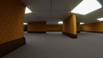 3d render liminal space backrooms wallpaper HD high resolution scene of a modern office corridor 