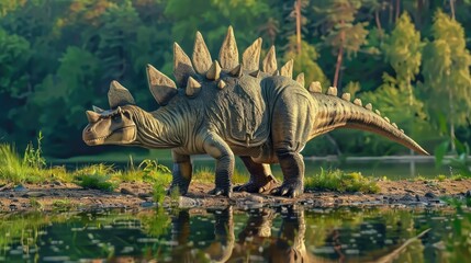AI-generated majestic dinosaurs in a prehistoric landscape. Stegosaurus. Vivid colors and intricate details bring these ancient creatures to life. The concept of time when dinosaurs ruled the Earth.