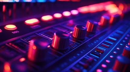 Obraz premium Sound mixer closeup with glowing lights in club. copy space for text.