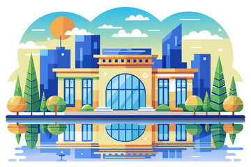 Modern Building with Arched Window and Reflection in Water